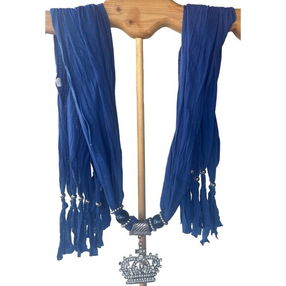 Blue Scarf w/Silver Chain Crown Gem Pendant (Brand Unknown-READ) - Picture 7 of 16
